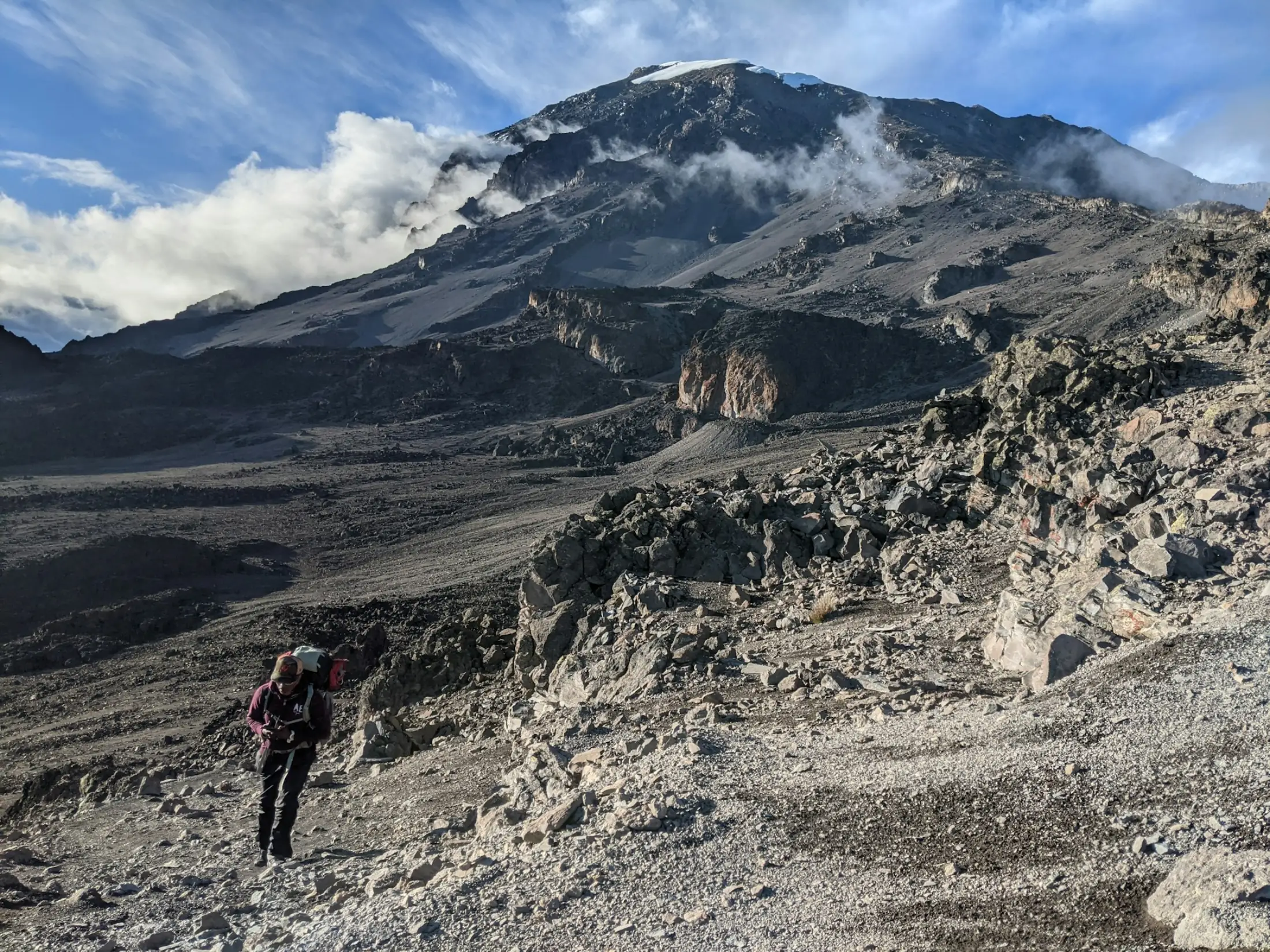 The summit cone of Kibo seen from the Kilimanjaro trail