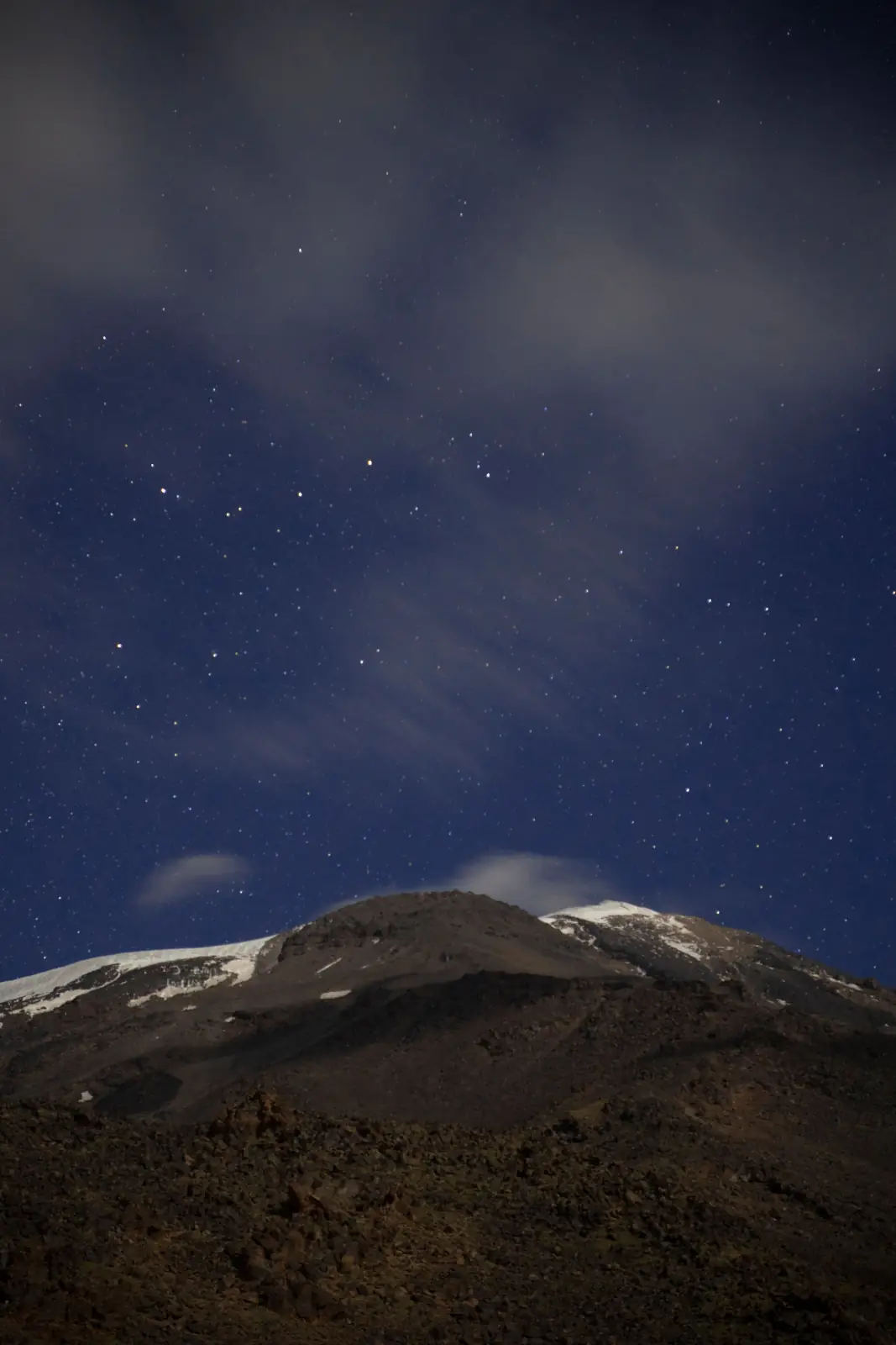 The snow-capped summit of Kibo under a sky full of stars