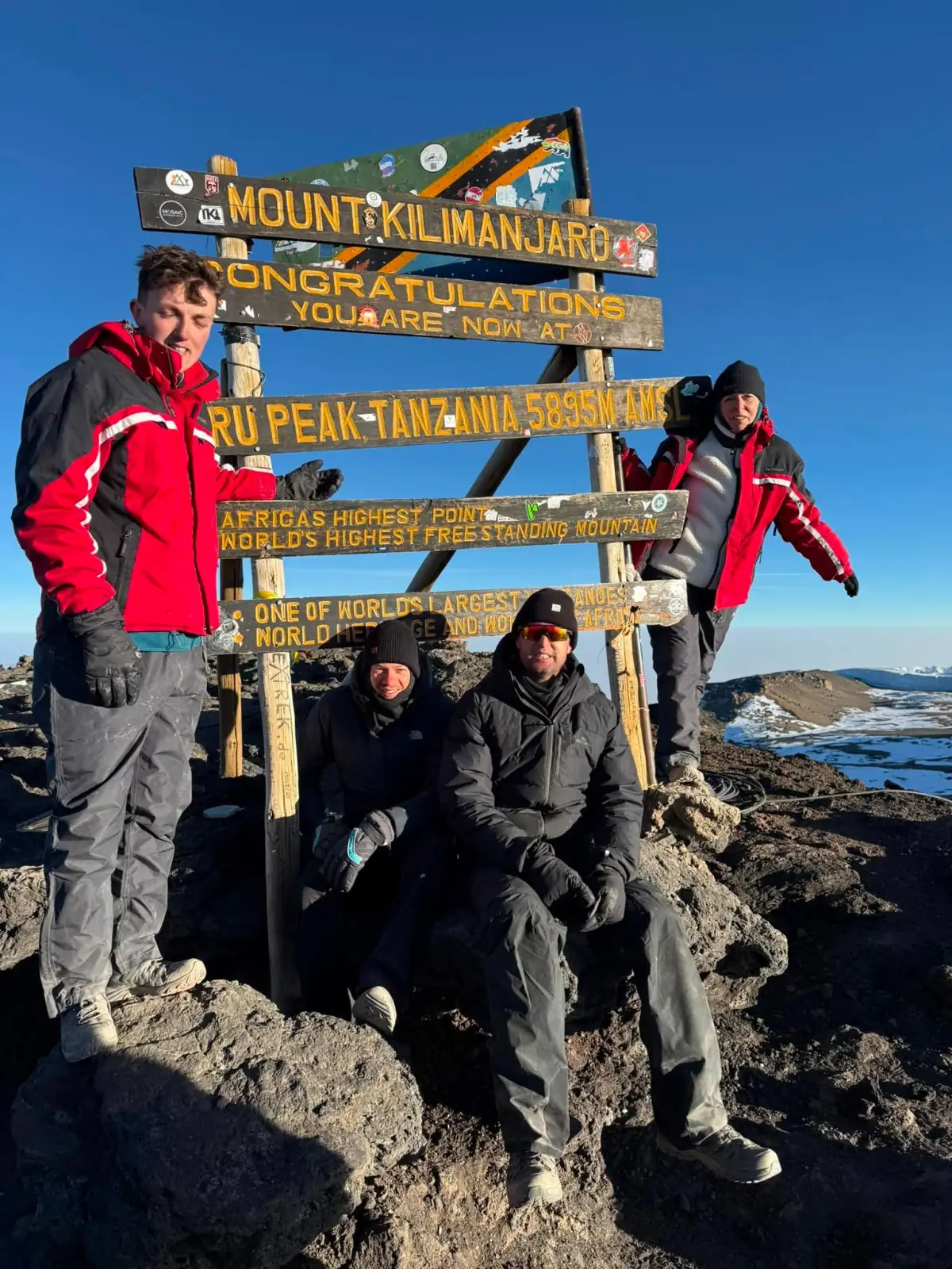A Northern Wonder group at the Uhuru Peak sign, 5,895m, in early morning sun